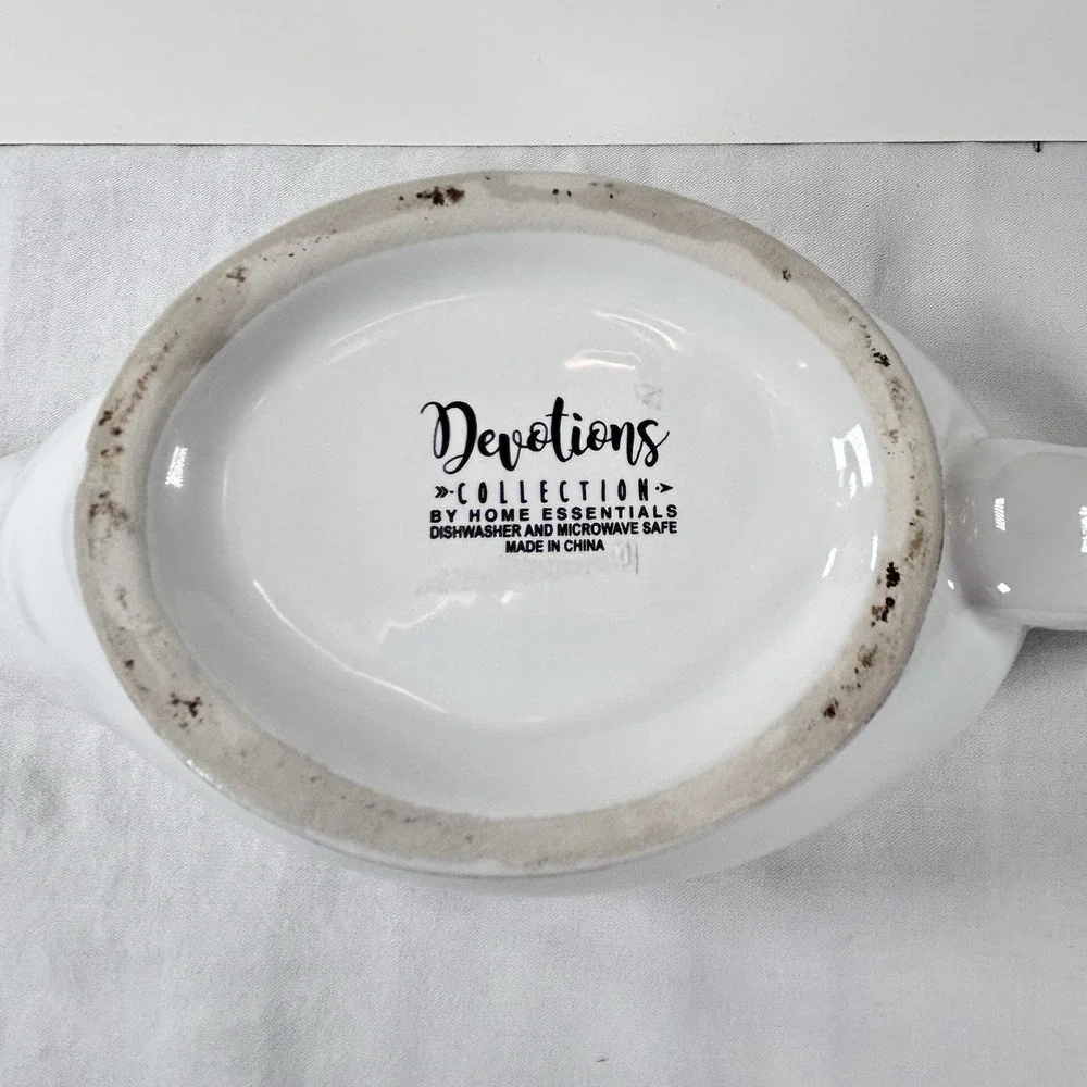 Devotions Collection THANKFUL Farmhouse Gravy Boat Stoneware Off White Embossed